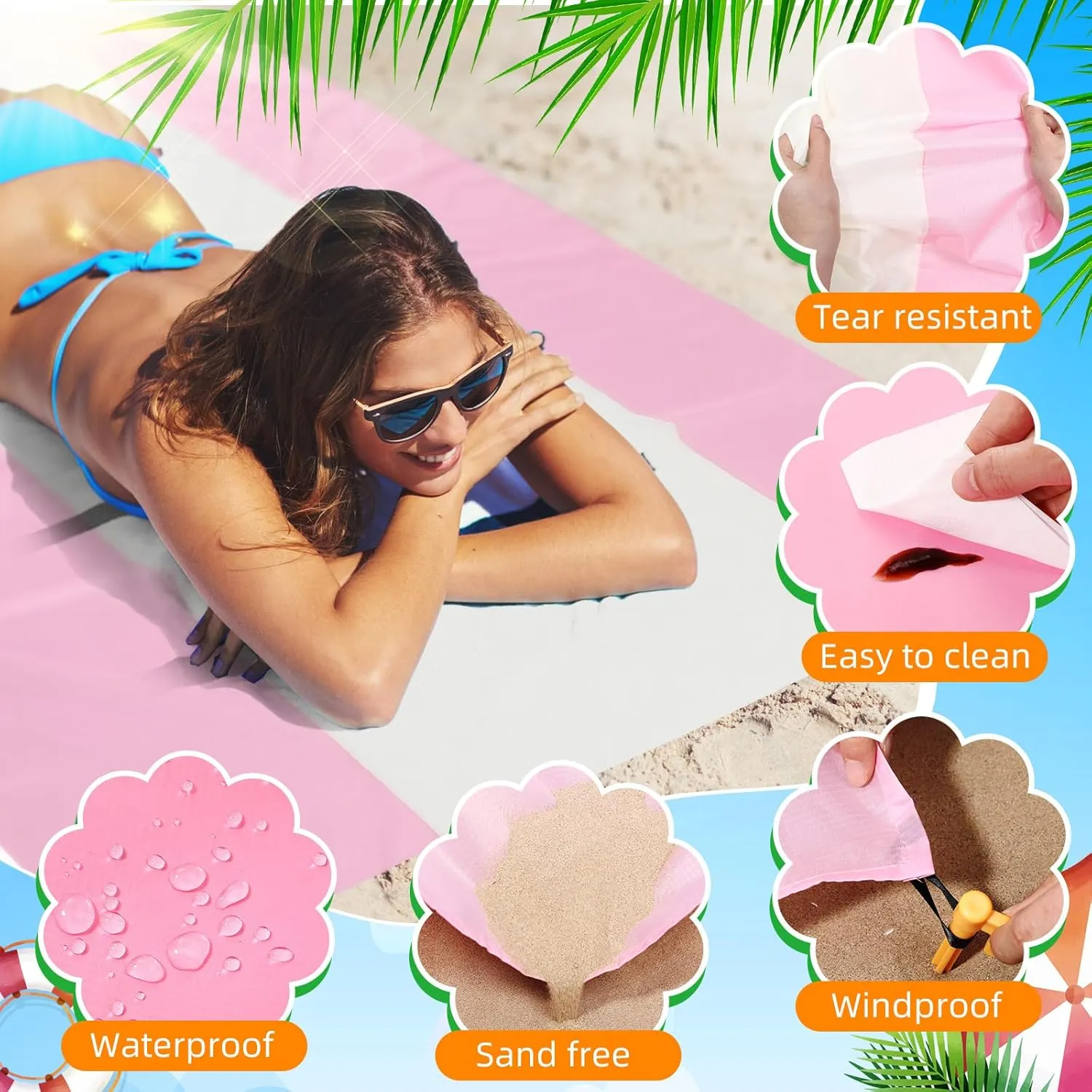 10 x 9 ft Beach Blanket Sandproof Waterproof Extra Large Beach Mat for 2-8 Adults Quick Drying Outdoor Picnic Blanket Lightweight Oversized Sand Free Mat for Travel Camping Hiking(Pink)