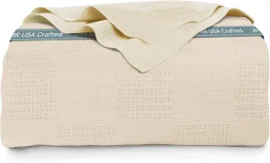 100% Cotton Blanket Twin Size 108x90 - Lightweight Breathable Waffle Weave Thermal Throw for Bed, Sofa & Couch - Soft Cozy, Durable Summer Bedding, All Season Comfort for Home, Travel & Camping, Beige