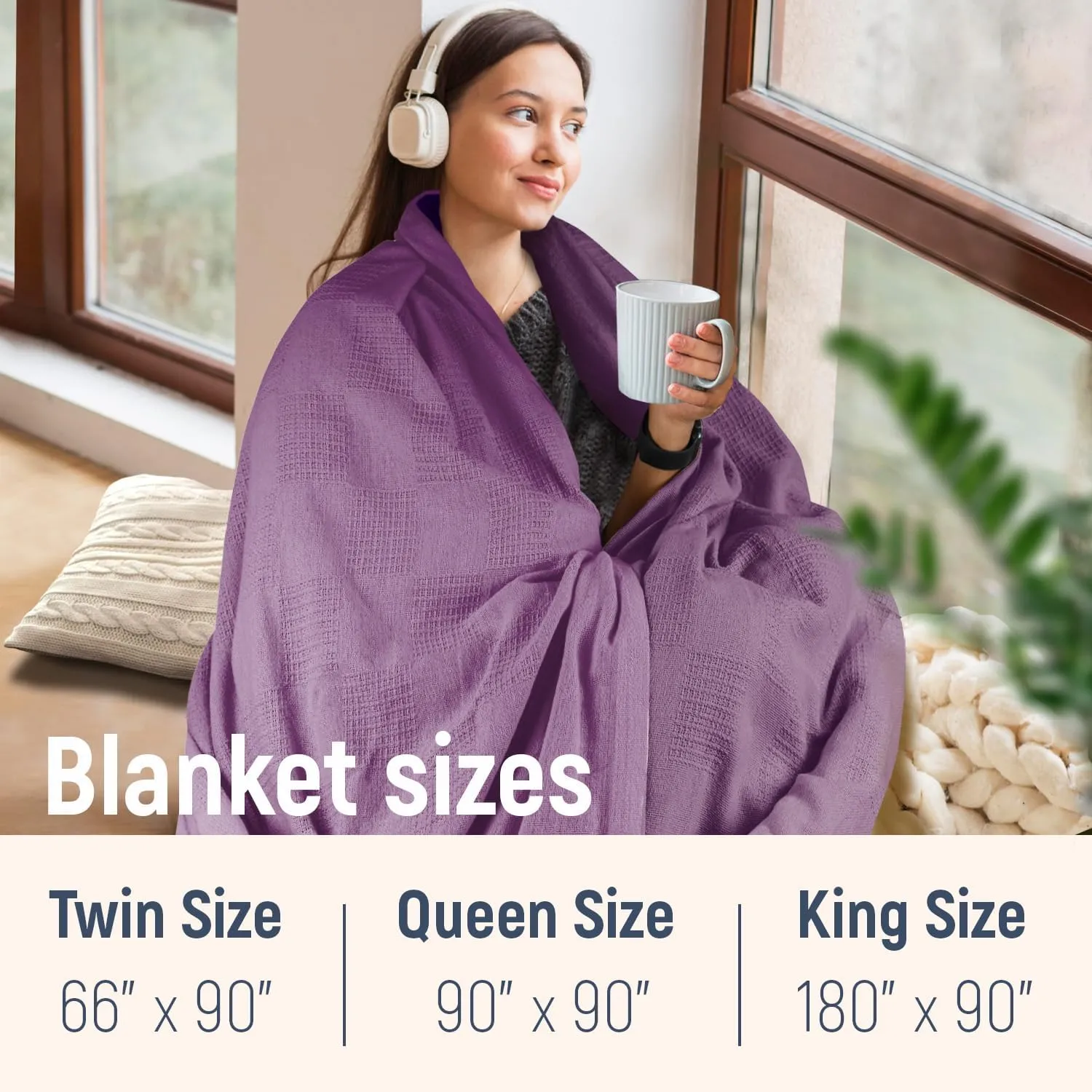 100% Cotton Blanket Twin Size 108x90 - Lightweight Breathable Waffle Weave Thermal Throw for Bed, Sofa & Couch - Soft Cozy, Durable Summer Bedding, All Season Comfort for Home, Travel & Camping, Plum