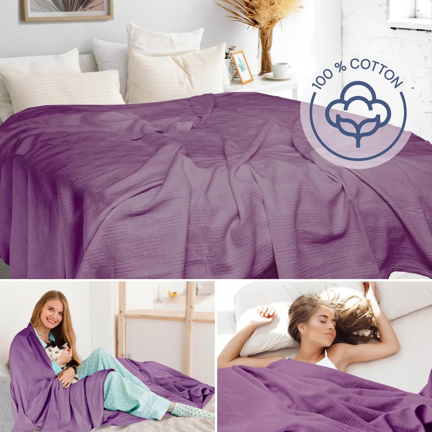 100% Cotton Blanket Twin Size 108x90 - Lightweight Breathable Waffle Weave Thermal Throw for Bed, Sofa & Couch - Soft Cozy, Durable Summer Bedding, All Season Comfort for Home, Travel & Camping, Plum