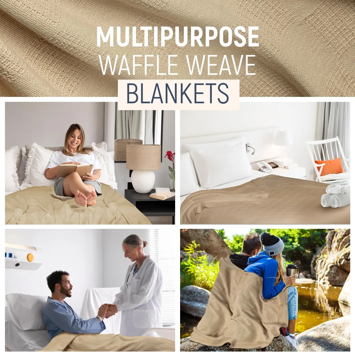 100% Cotton Blanket Twin Size 66x90 - Lightweight Breathable Waffle Weave Thermal Throw for Bed, Sofa & Couch - Soft Cozy, Durable Summer Bedding, All Season Comfort for Home, Travel & Camping, Beige