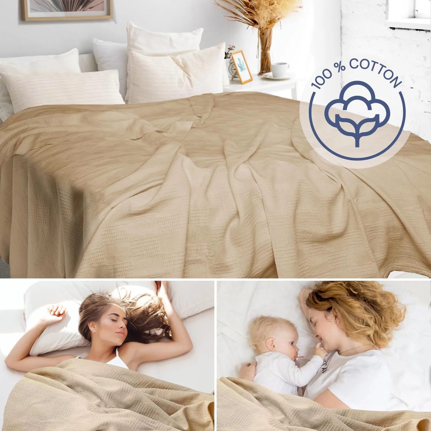 100% Cotton Blanket Twin Size 66x90 - Lightweight Breathable Waffle Weave Thermal Throw for Bed, Sofa & Couch - Soft Cozy, Durable Summer Bedding, All Season Comfort for Home, Travel & Camping, Beige