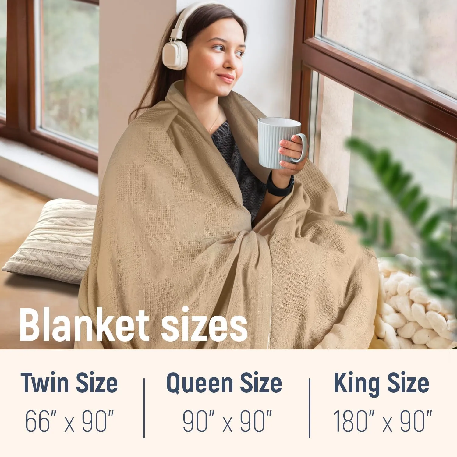 100% Cotton Blanket Twin Size 66x90 - Lightweight Breathable Waffle Weave Thermal Throw for Bed, Sofa & Couch - Soft Cozy, Durable Summer Bedding, All Season Comfort for Home, Travel & Camping, Beige