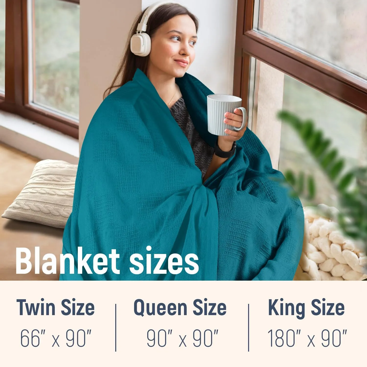 100% Cotton Blanket Twin Size 66x90 - Lightweight Breathable Waffle Weave Thermal Throw for Bed, Sofa & Couch - Soft Cozy, Durable Summer Bedding, All Season Comfort for Home, Travel & Camping, (Teal)
