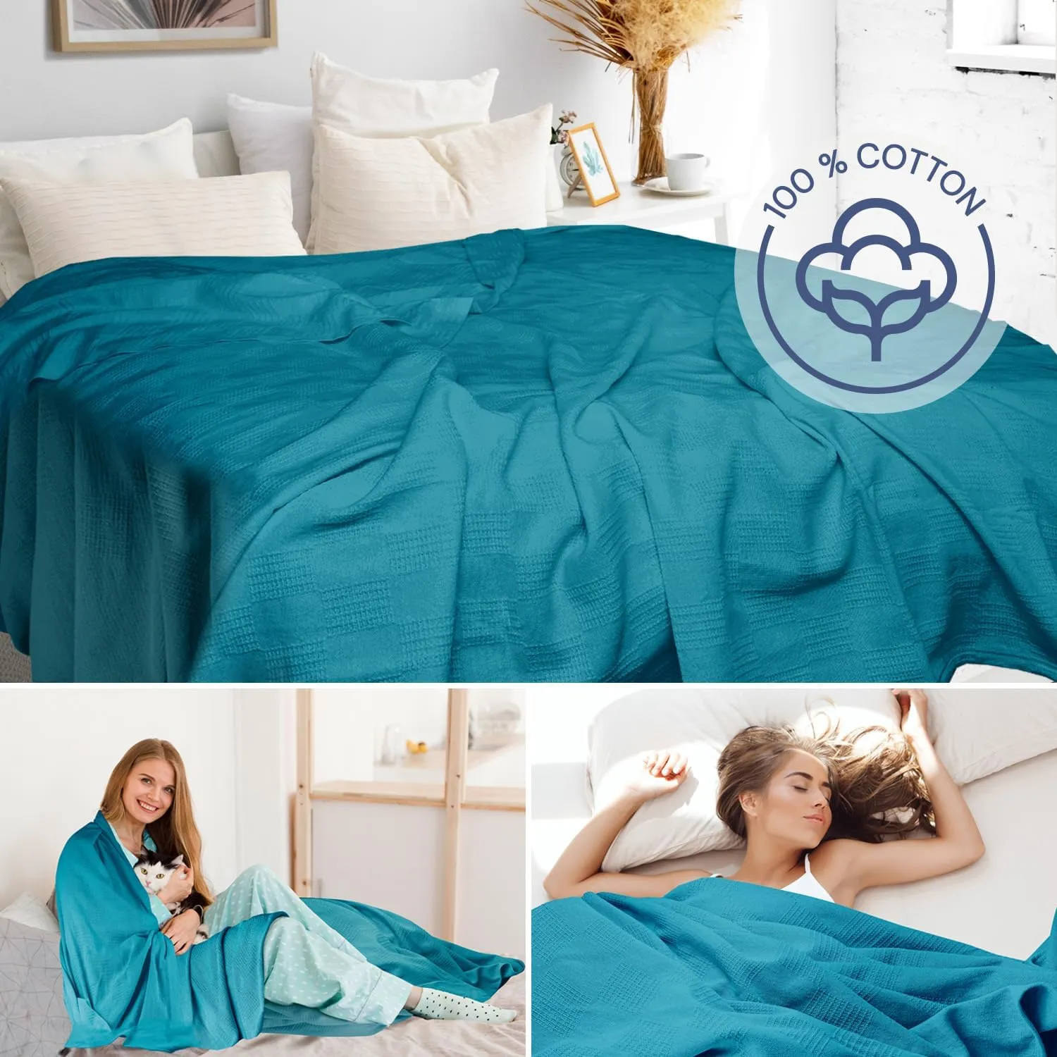 100% Cotton Blanket Twin Size 66x90 - Lightweight Breathable Waffle Weave Thermal Throw for Bed, Sofa & Couch - Soft Cozy, Durable Summer Bedding, All Season Comfort for Home, Travel & Camping, (Teal)