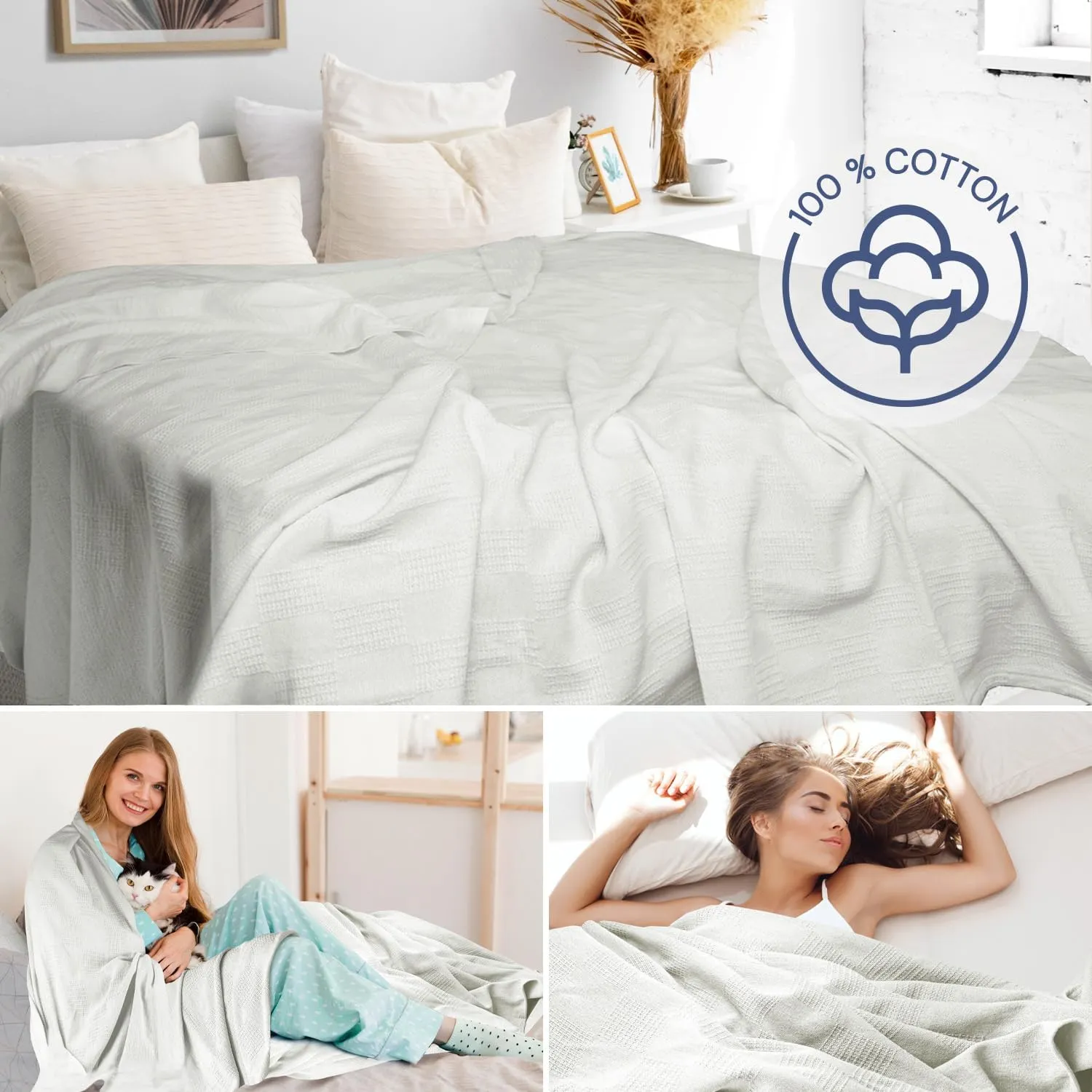 100% Cotton Blanket Twin Size 66x90 - Lightweight Breathable Waffle Weave Thermal Throw for Bed, Sofa & Couch - Soft Cozy, Durable Summer Bedding, All Season Comfort for Home, Travel & Camping, White