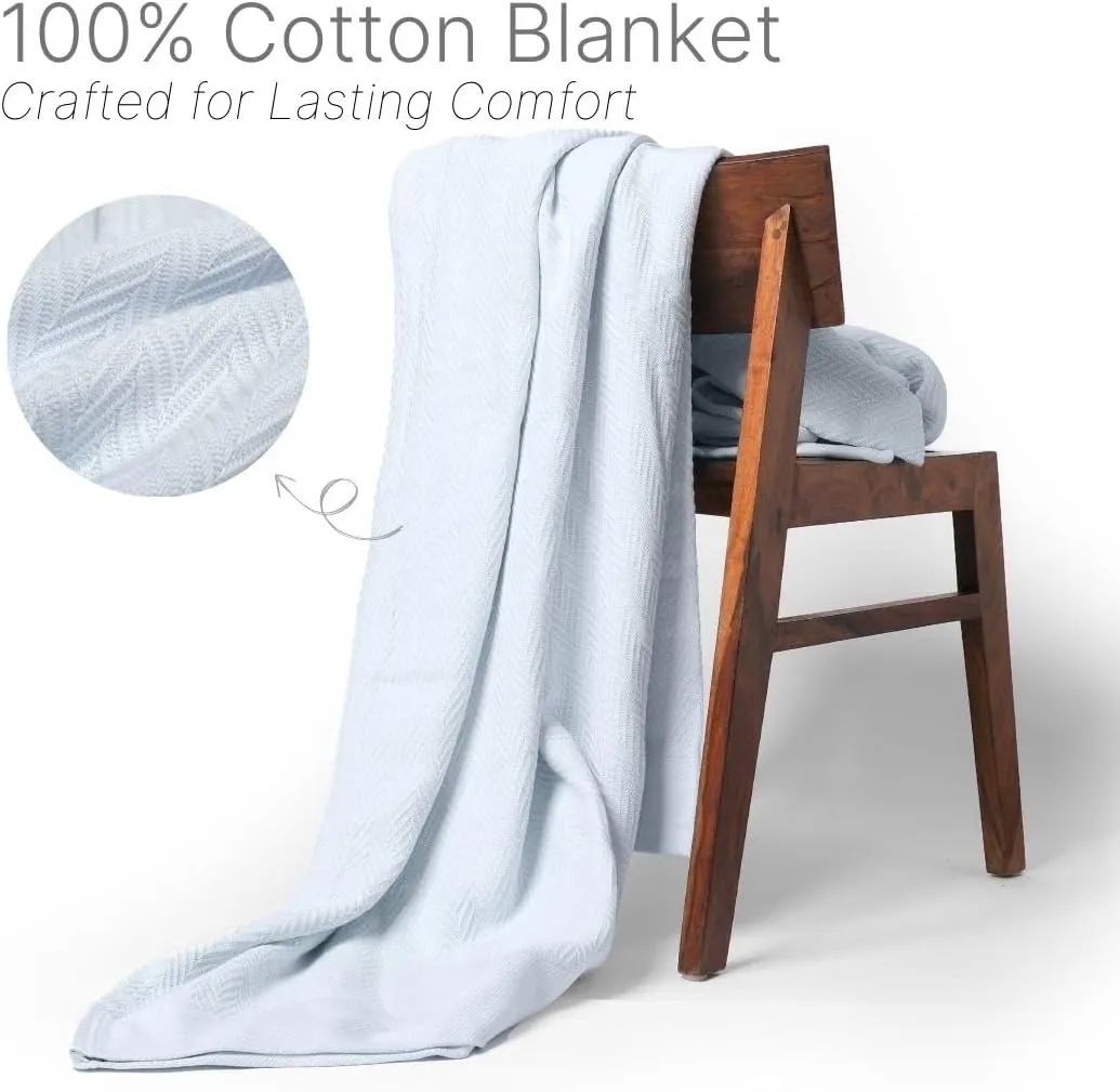 100% Cotton Herringbone Weave Blankets, 108"X90" King,Throw Blanket for Bed,All Season Cotton Blanket, Cozy Blanket,Throws Bed Blanket, Throw Blanket for Couch,Modern Home Decor -Light Blue