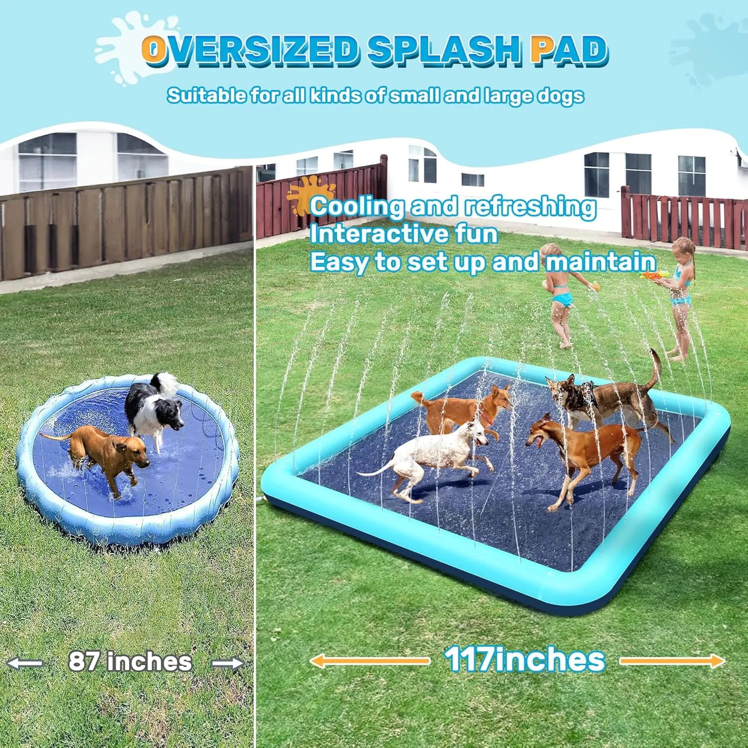 117'' Splash Pad for Dogs, Non-Slip Sprinkler for Kids, Square Splash Pad for Kids Ages 4-8, Splash Pads for Toddlers 1-3, Dog Sprinkler Shallow Pool, Outdoor Water Toys for Backyard, Teal