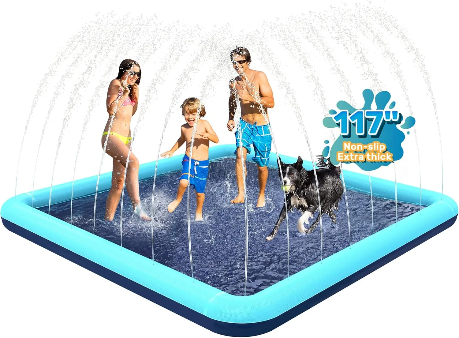 117'' Splash Pad for Dogs, Non-Slip Sprinkler for Kids, Square Splash Pad for Kids Ages 4-8, Splash Pads for Toddlers 1-3, Dog Sprinkler Shallow Pool, Outdoor Water Toys for Backyard, Teal