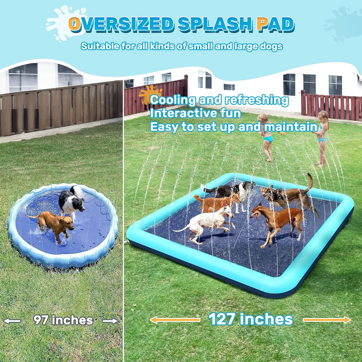 127'' Splash Pad for Dogs, Non-Slip Sprinkler for Kids, Square Splash Pad for Kids Ages 4-8, Splash Pads for Toddlers 1-3, Dog Sprinkler Shallow Pool, Outdoor Water Toys for Backyard, Teal