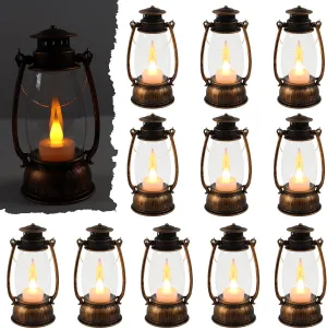 12Pcs Mini Lantern Decorative with Flickering LED Candle, Bulk 6Inch Hanging Candle Lantern, Table Centerpiece, Vintage Lantern Decorations for Western Party Decor,Battery Included (Brown)