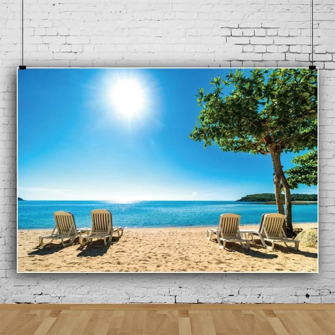 12x8ft Beach Backdrop Tropical Seaside Sun Lounger Hawaiian Luau White Sand Beach Vacation Photography Background Party Birthday Baby Shower Wedding Sunbathing Photo Props Polyester