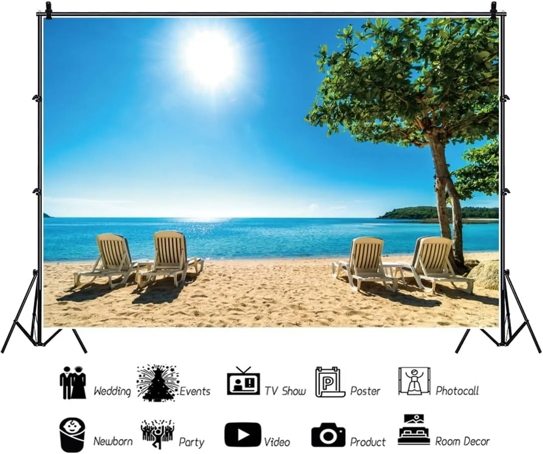12x8ft Beach Backdrop Tropical Seaside Sun Lounger Hawaiian Luau White Sand Beach Vacation Photography Background Party Birthday Baby Shower Wedding Sunbathing Photo Props Polyester