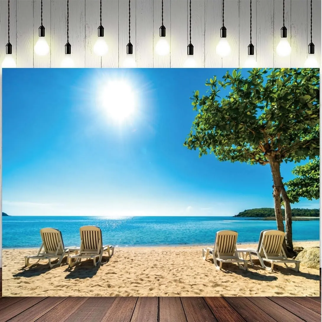 12x8ft Beach Backdrop Tropical Seaside Sun Lounger Hawaiian Luau White Sand Beach Vacation Photography Background Party Birthday Baby Shower Wedding Sunbathing Photo Props Polyester