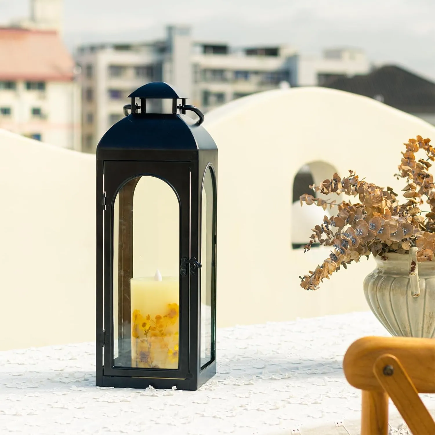 16 Inches Metal and Tempered Glass Candle Lantern - Premium Outdoor Lantern, Decorative Lanterns with Handcrafted Design for Patio, Garden & Indoor Decor