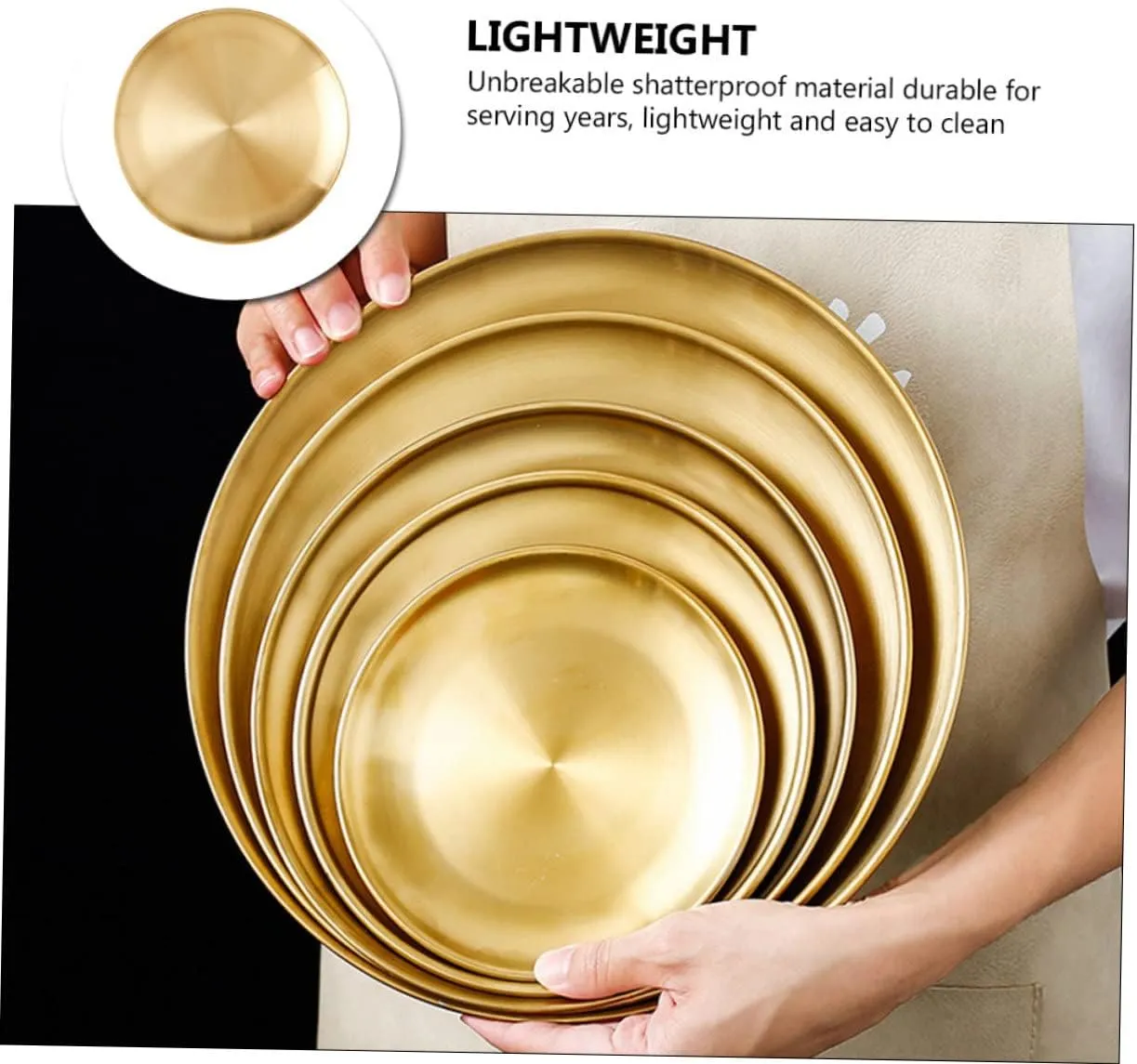 1pc Stainless Steel Food Serving Plate Round Barbecue Tray Golden Finish Lightweight Stackable for Bbq Picnics Parties Camping Outdoor Use Versatile Vegetable Dessert Dish