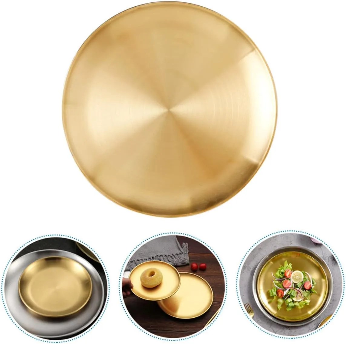 1pc Stainless Steel Food Serving Plate Round Barbecue Tray Golden Finish Lightweight Stackable for Bbq Picnics Parties Camping Outdoor Use Versatile Vegetable Dessert Dish