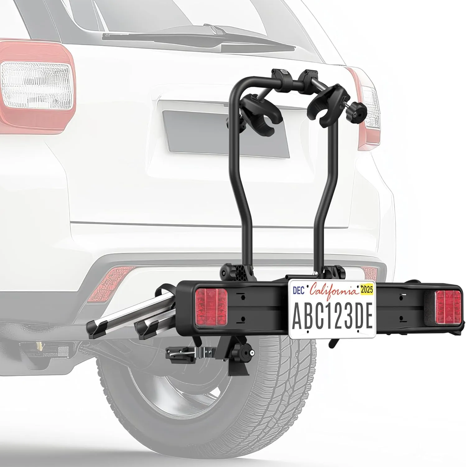 2-Hitch Bike Rack with Taillights and License Plate Holder, Adjustable Folding Design, Holds up to 88 lbs, LF-BR1L