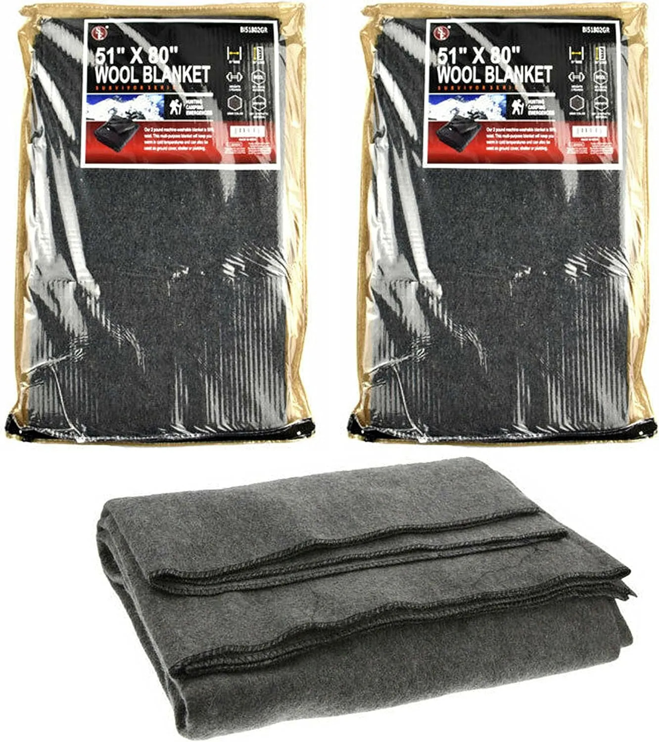 2 Pc Large 2lb Wool Blanket Outdoor Warm Military Emergency Survival Camping 80" 2 pack Military Wool Blanket Warm Thick Washable Great for Outdoors Camping Stadium Blanket Picnics Travel Car Survival