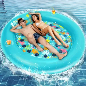 2-Person Pool Floats Adult Heavy Duty, LUSARRYWILL 80"X80" Inflatable Pool Mats with Cup Holders, Detachable Headrest, for Backyard, Water Party, Pool, Lake, Beach, Outdoor, Mint Green