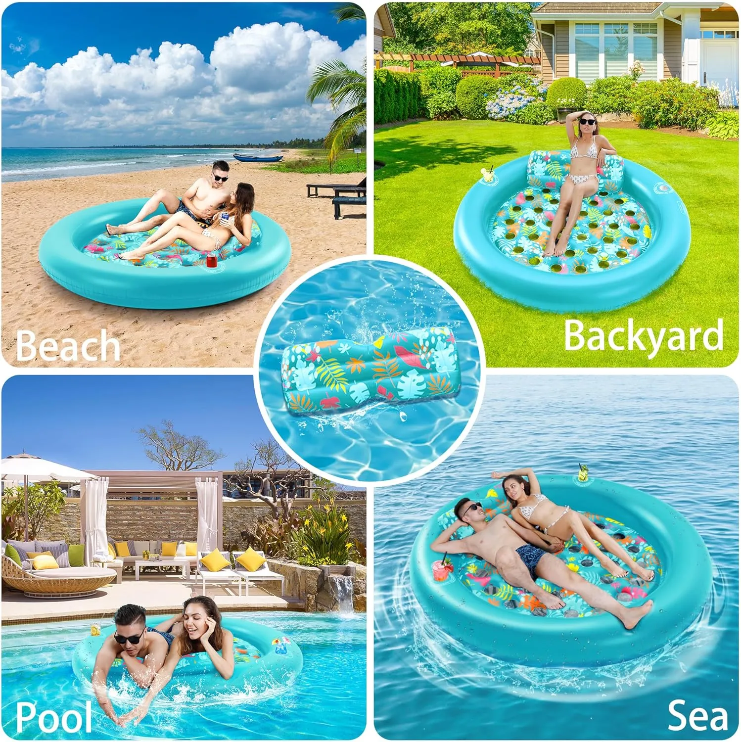 2-Person Pool Floats Adult Heavy Duty, LUSARRYWILL 80"X80" Inflatable Pool Mats with Cup Holders, Detachable Headrest, for Backyard, Water Party, Pool, Lake, Beach, Outdoor, Mint Green