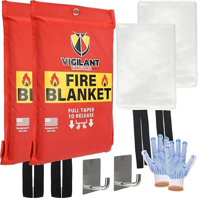 2 x Emergency Fire Blanket for Home and Kitchen (40"x40") with Hooks & Gloves - Reusable Fire Blankets Emergency for Home, Office, Car, Camping, Picnic, School and Warehouse