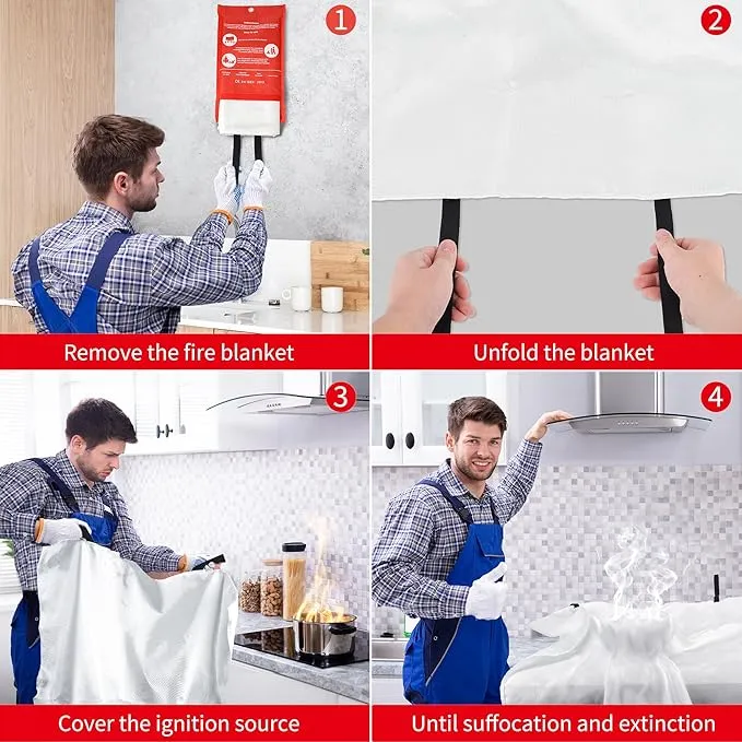 2 x Emergency Fire Blanket for Home and Kitchen (40"x40") with Hooks & Gloves - Reusable Fire Blankets Emergency for Home, Office, Car, Camping, Picnic, School and Warehouse