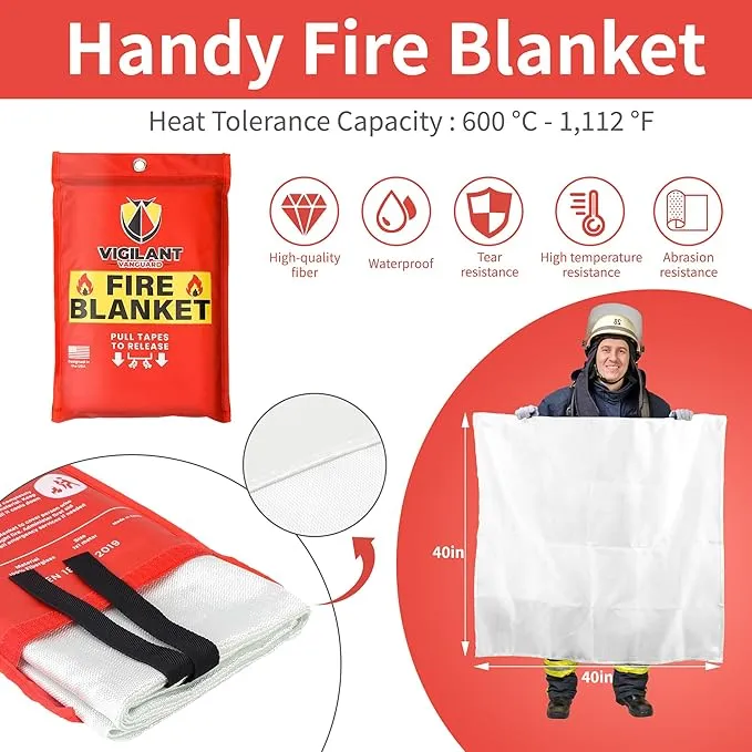 2 x Emergency Fire Blanket for Home and Kitchen (40"x40") with Hooks & Gloves - Reusable Fire Blankets Emergency for Home, Office, Car, Camping, Picnic, School and Warehouse