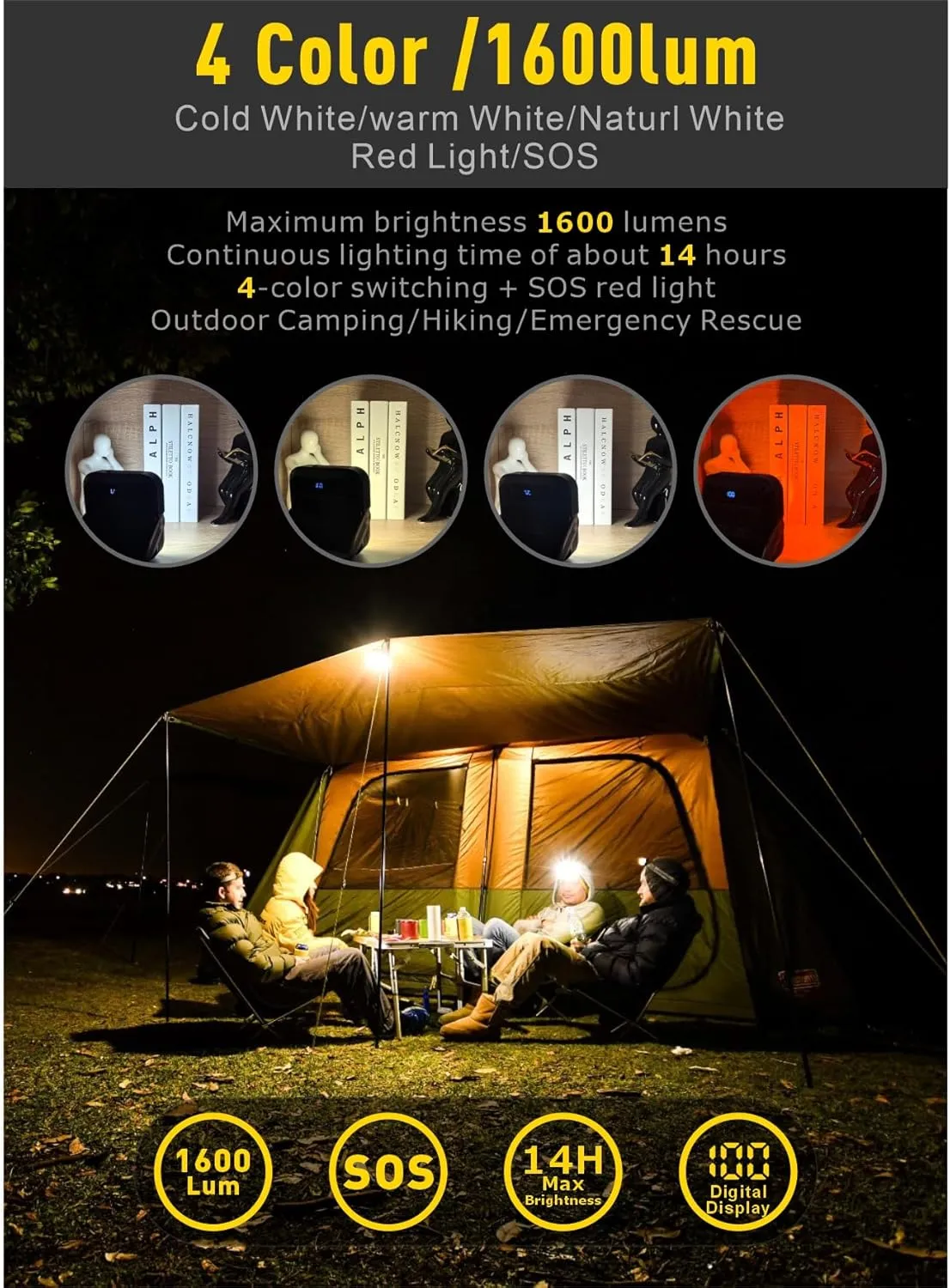 20000mAh Rechargeable LED Camping Lantern - 1600LM, QC3.0 22.5W, 4 - Color Switch, IPX5 Waterproof - Perfect for Camping, Hiking & Emergency Situations(Green)