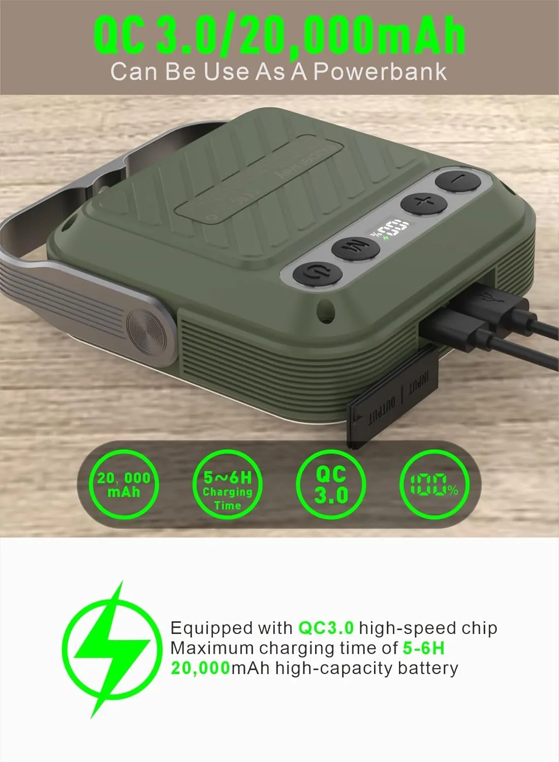 20000mAh Rechargeable LED Camping Lantern - 1600LM, QC3.0 22.5W, 4 - Color Switch, IPX5 Waterproof - Perfect for Camping, Hiking & Emergency Situations(Green)