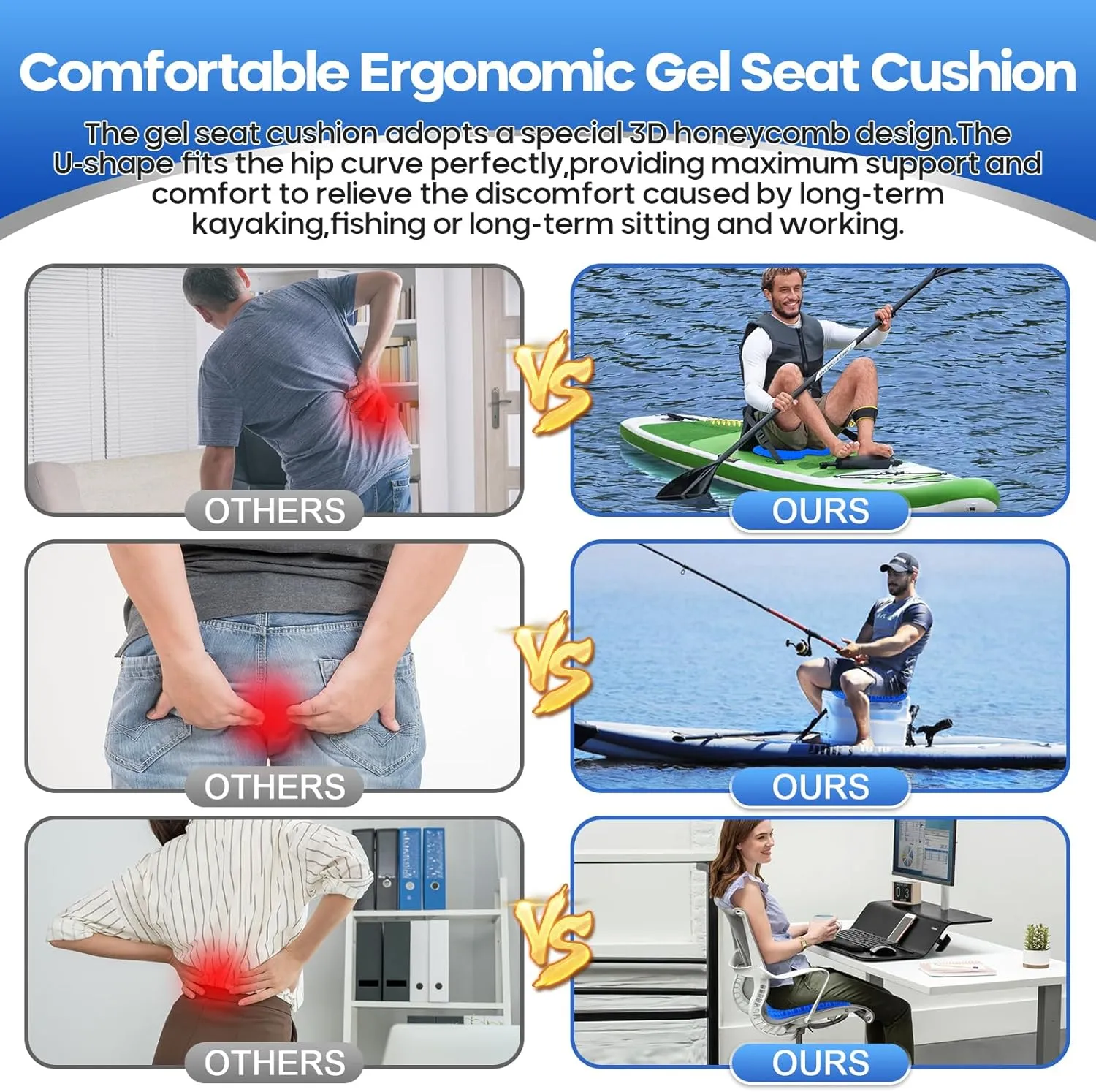 2PCS Anti Slip Kayak Gel Seat Cushion with Cover, Waterproof Seat Cushion Kayak Seat Pad for Sit in Inflatable Kayak, Canoe & Boat Fishing, Rowing, Lifetime Kayak Accessories (Blue)