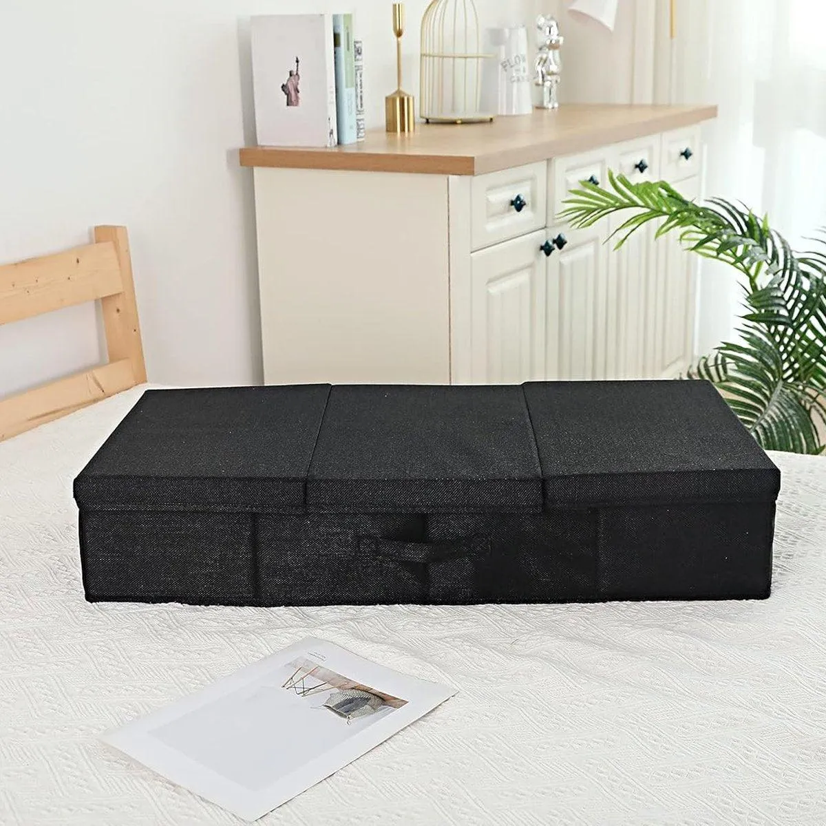 2PCS Black Foldable Storage Box Underbed with Lid Fabric Wardrobe Organizers