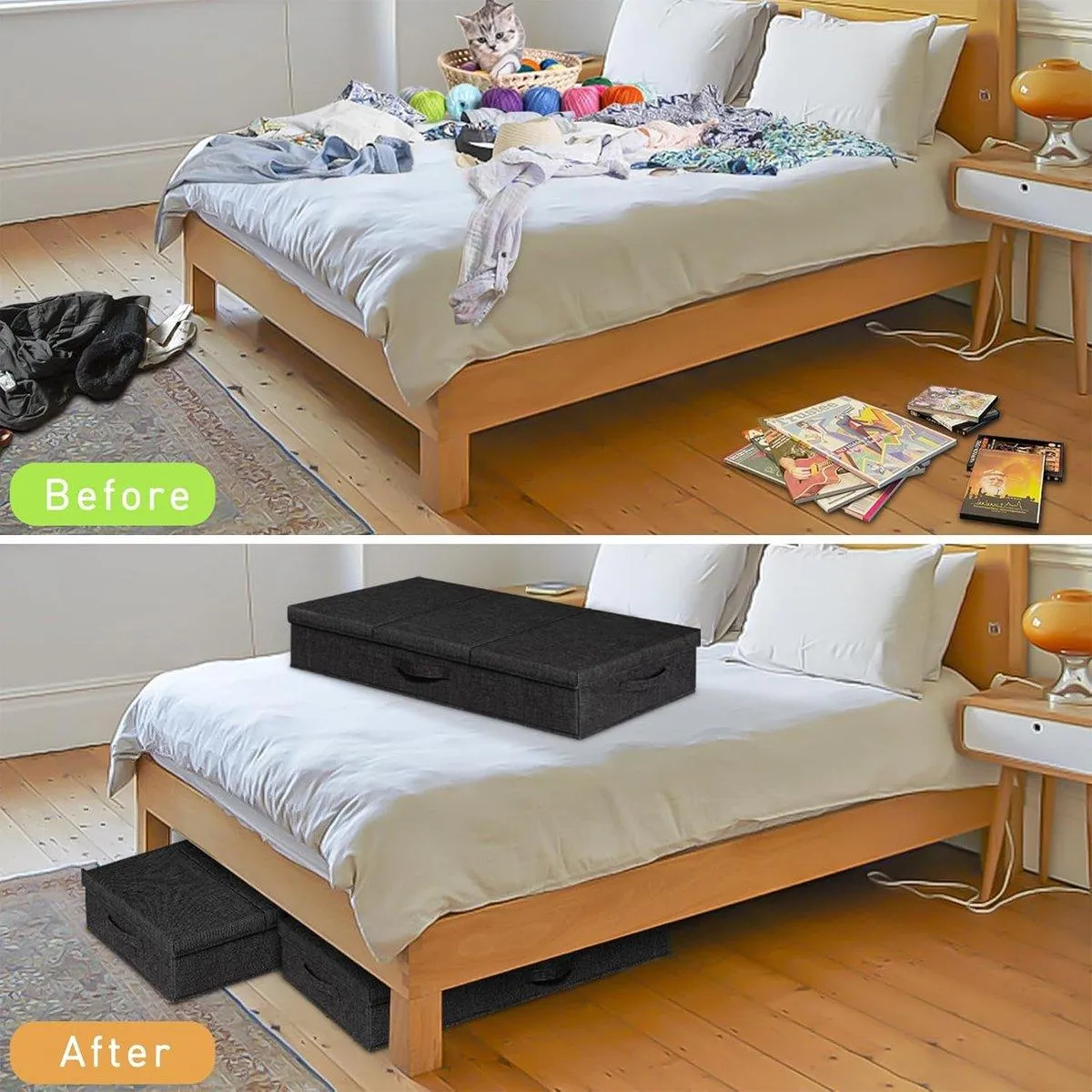 2PCS Black Foldable Storage Box Underbed with Lid Fabric Wardrobe Organizers