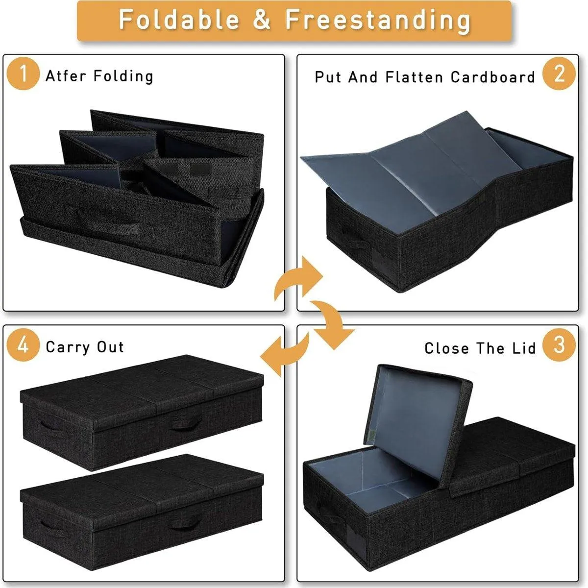 2PCS Black Foldable Storage Box Underbed with Lid Fabric Wardrobe Organizers