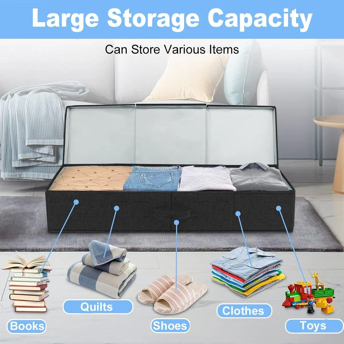 2PCS Black Foldable Storage Box Underbed with Lid Fabric Wardrobe Organizers