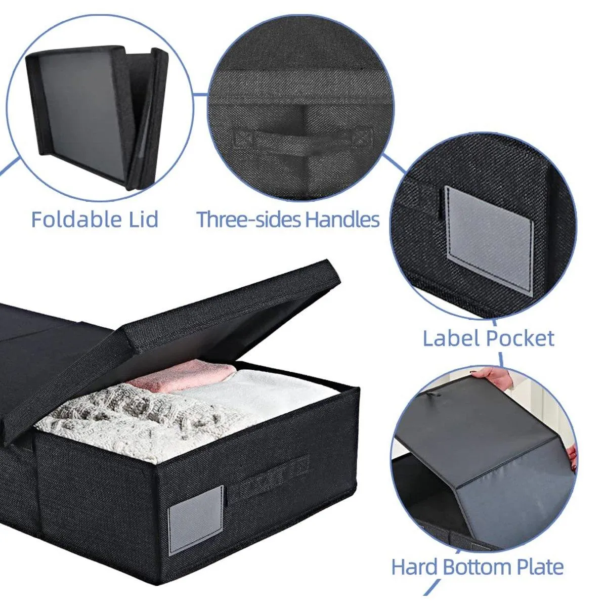 2PCS Black Foldable Storage Box Underbed with Lid Fabric Wardrobe Organizers