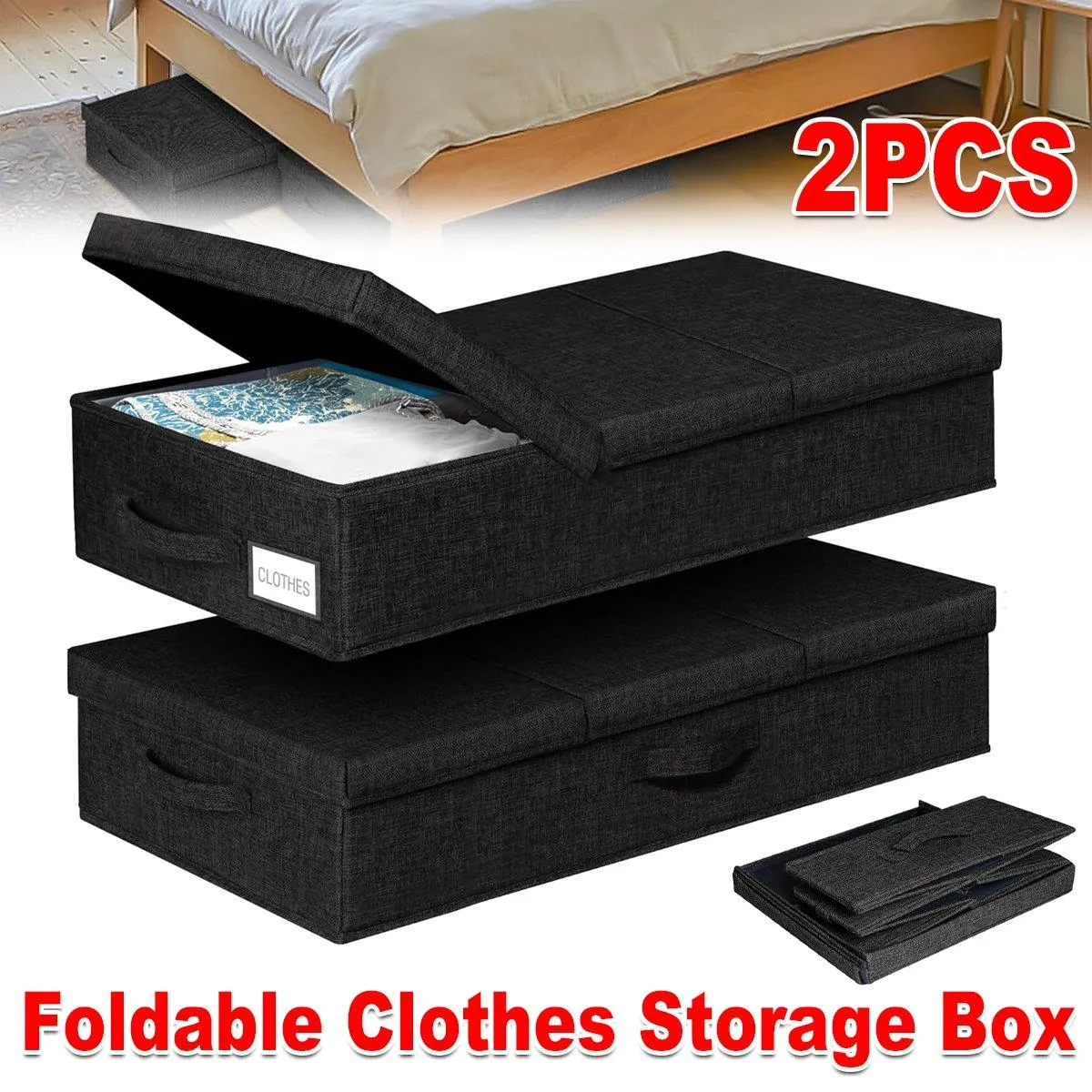 2PCS Black Foldable Storage Box Underbed with Lid Fabric Wardrobe Organizers