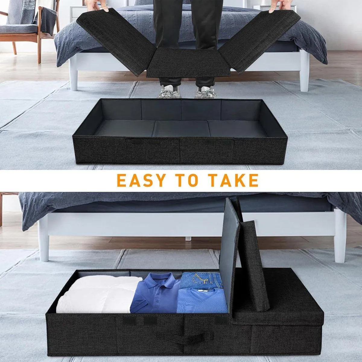 2PCS Black Foldable Storage Box Underbed with Lid Fabric Wardrobe Organizers