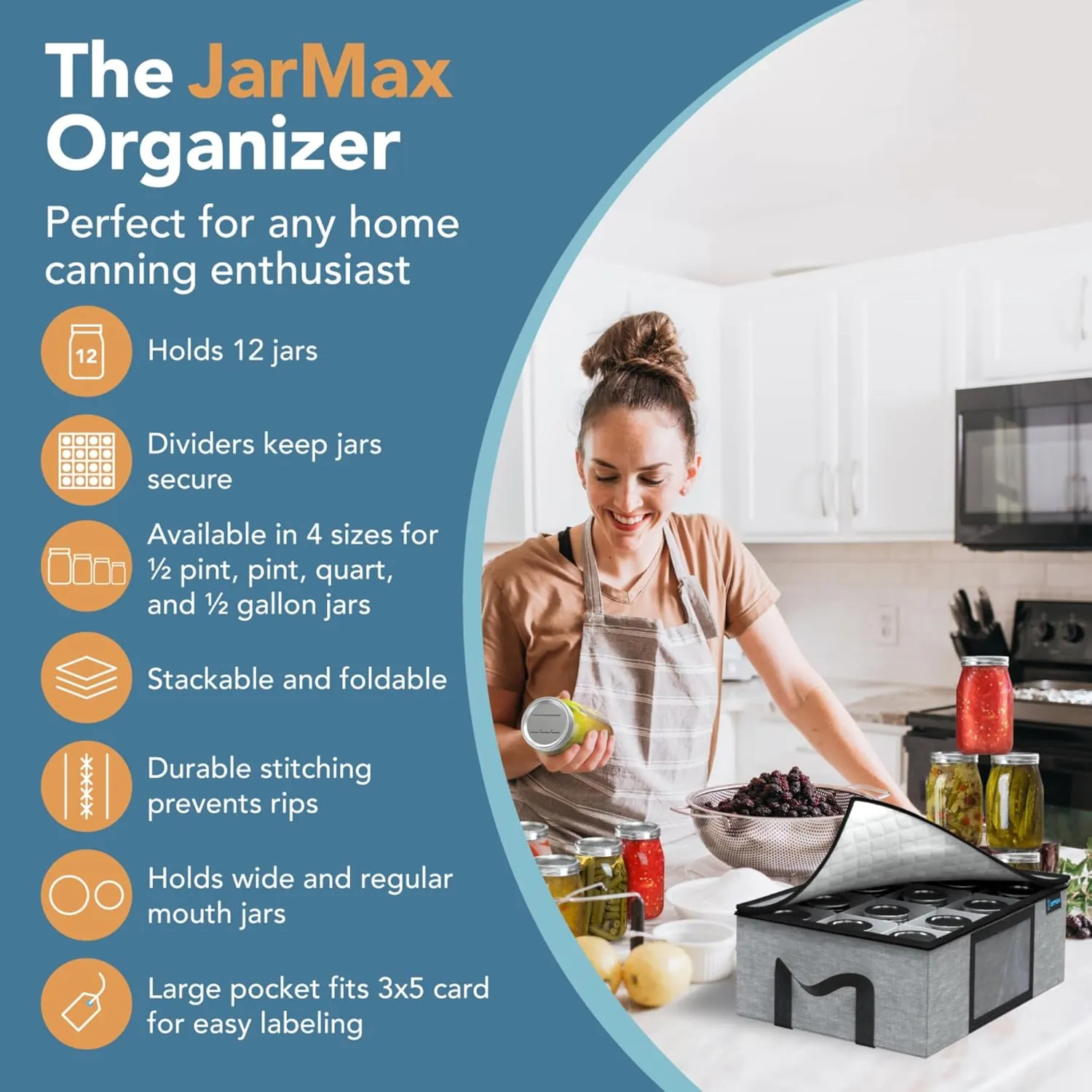 2Pk 16 oz Pint Mason Jar Organizer, Sturdy Pantry Canning Jar Storage Containers, Holds 12 Quart Size Ball Mason Jars, Foldable Canning Organizer, Stackable Home Storage Box w/Lid & Label holder