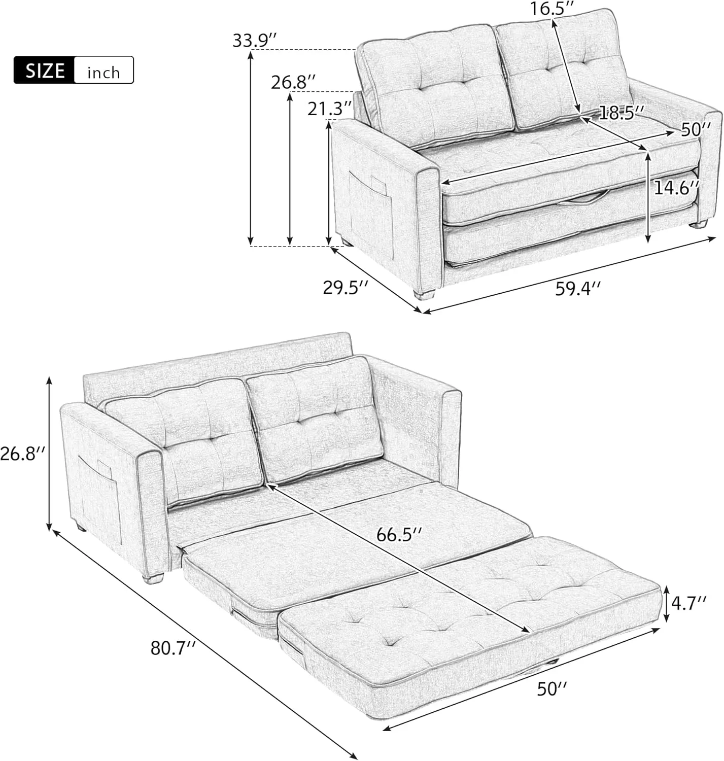 3 Fold Tufted Upholstered Futon Sofa Bed Convertible Floor Sofabed W/Side Pockets, Foldable Loveseat with Pull Out Sleeper Couch Bed for Apartment Office Home Living Room