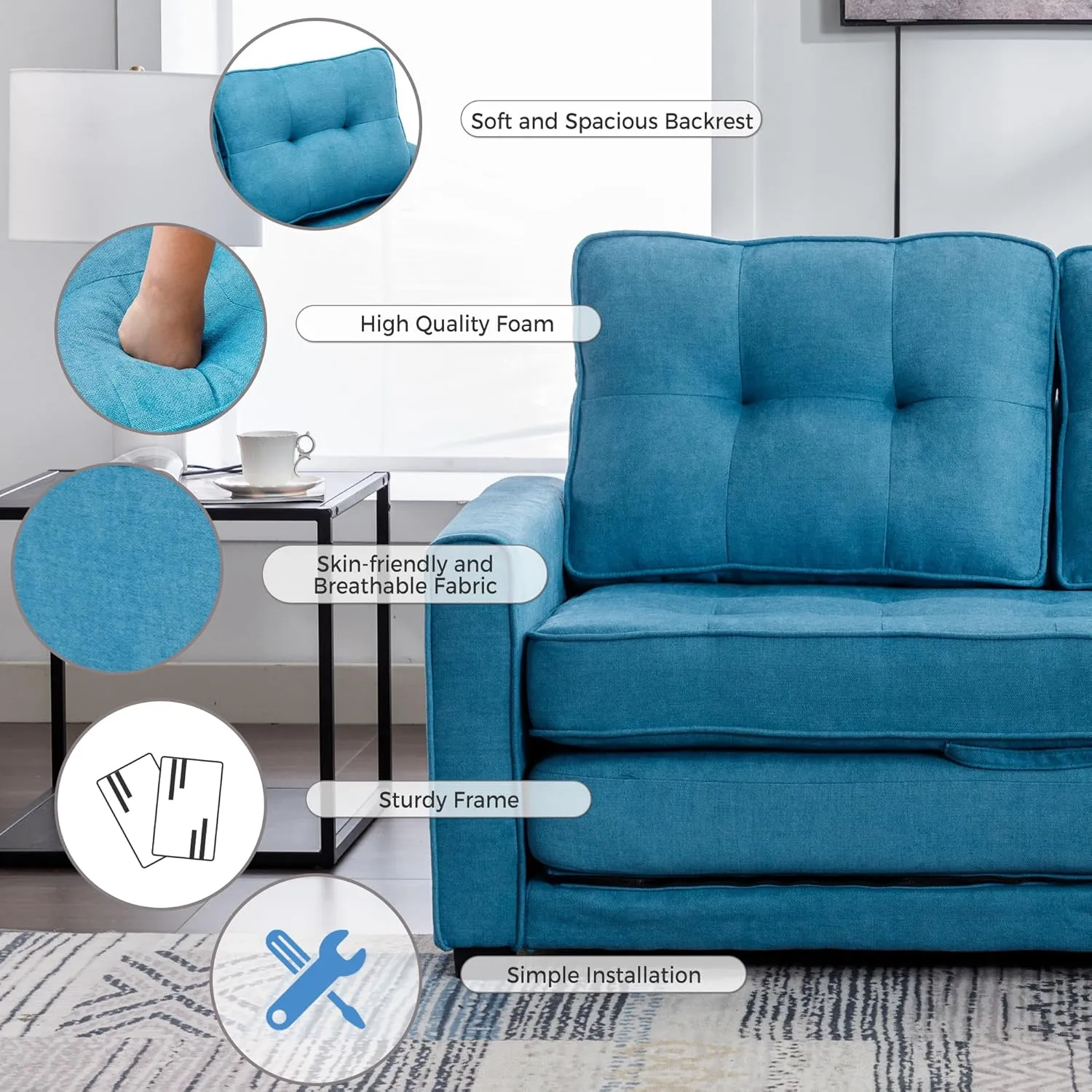 3 Fold Tufted Upholstered Futon Sofa Bed Convertible Floor Sofabed W/Side Pockets, Foldable Loveseat with Pull Out Sleeper Couch Bed for Apartment Office Home Living Room