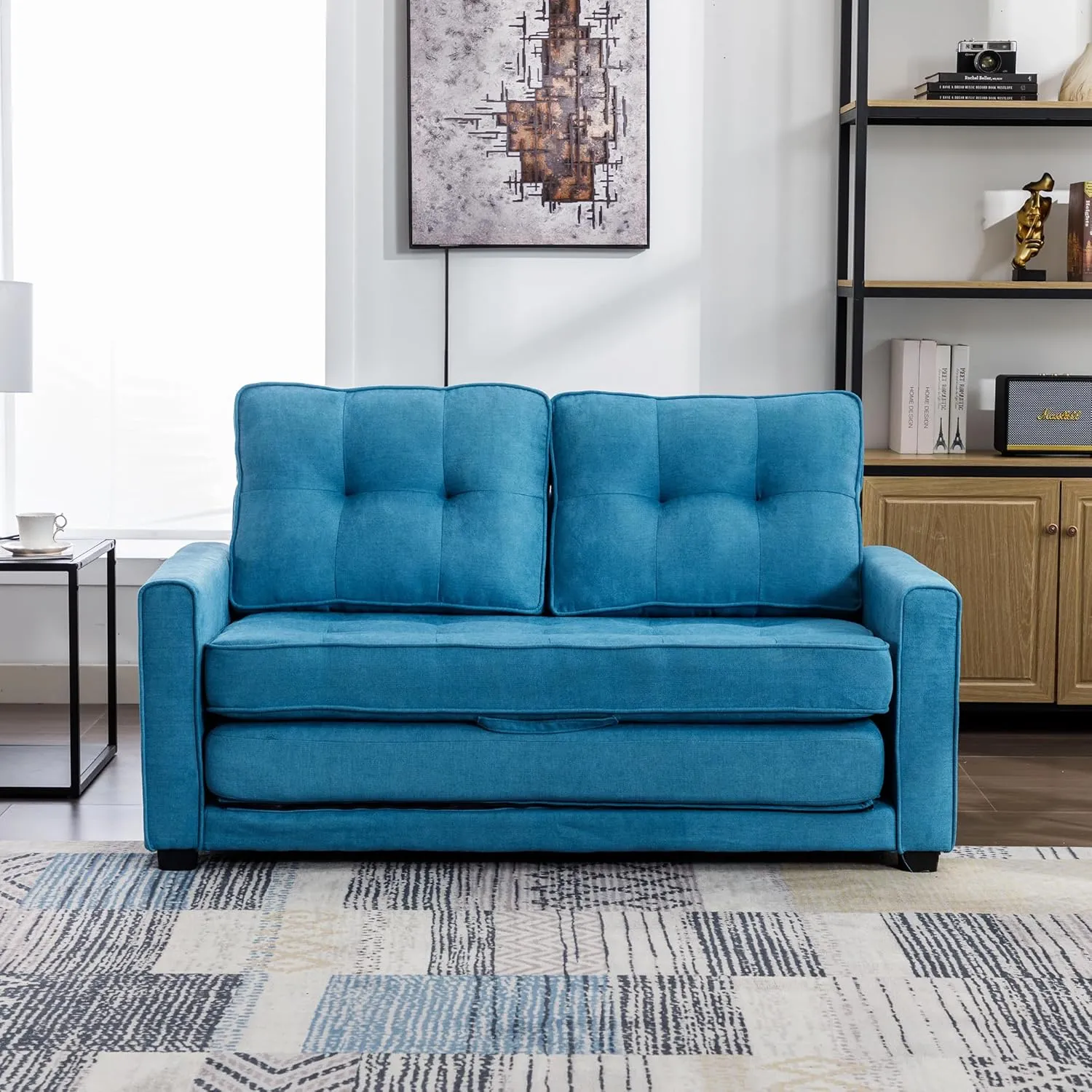 3 Fold Tufted Upholstered Futon Sofa Bed Convertible Floor Sofabed W/Side Pockets, Foldable Loveseat with Pull Out Sleeper Couch Bed for Apartment Office Home Living Room