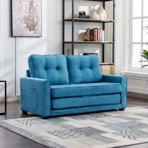 3 Fold Tufted Upholstered Futon Sofa Bed Convertible Floor Sofabed W/Side Pockets, Foldable Loveseat with Pull Out Sleeper Couch Bed for Apartment Office Home Living Room