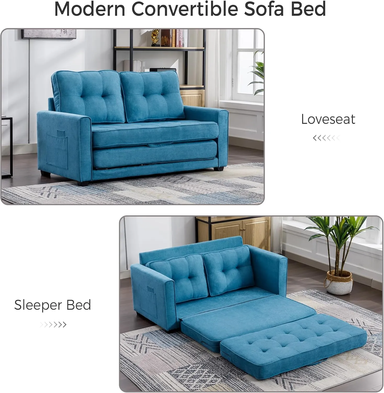 3 Fold Tufted Upholstered Futon Sofa Bed Convertible Floor Sofabed W/Side Pockets, Foldable Loveseat with Pull Out Sleeper Couch Bed for Apartment Office Home Living Room