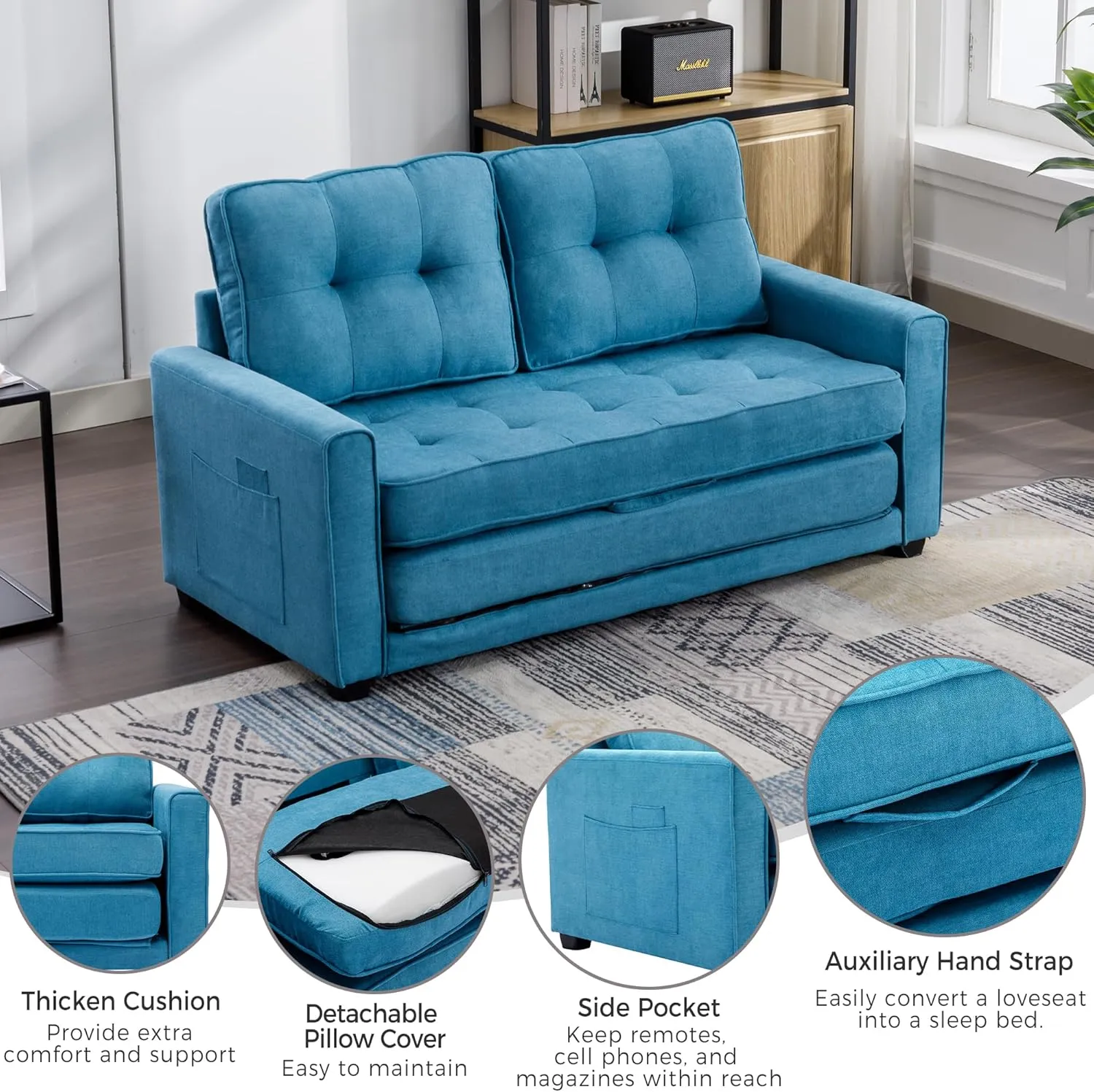 3 Fold Tufted Upholstered Futon Sofa Bed Convertible Floor Sofabed W/Side Pockets, Foldable Loveseat with Pull Out Sleeper Couch Bed for Apartment Office Home Living Room