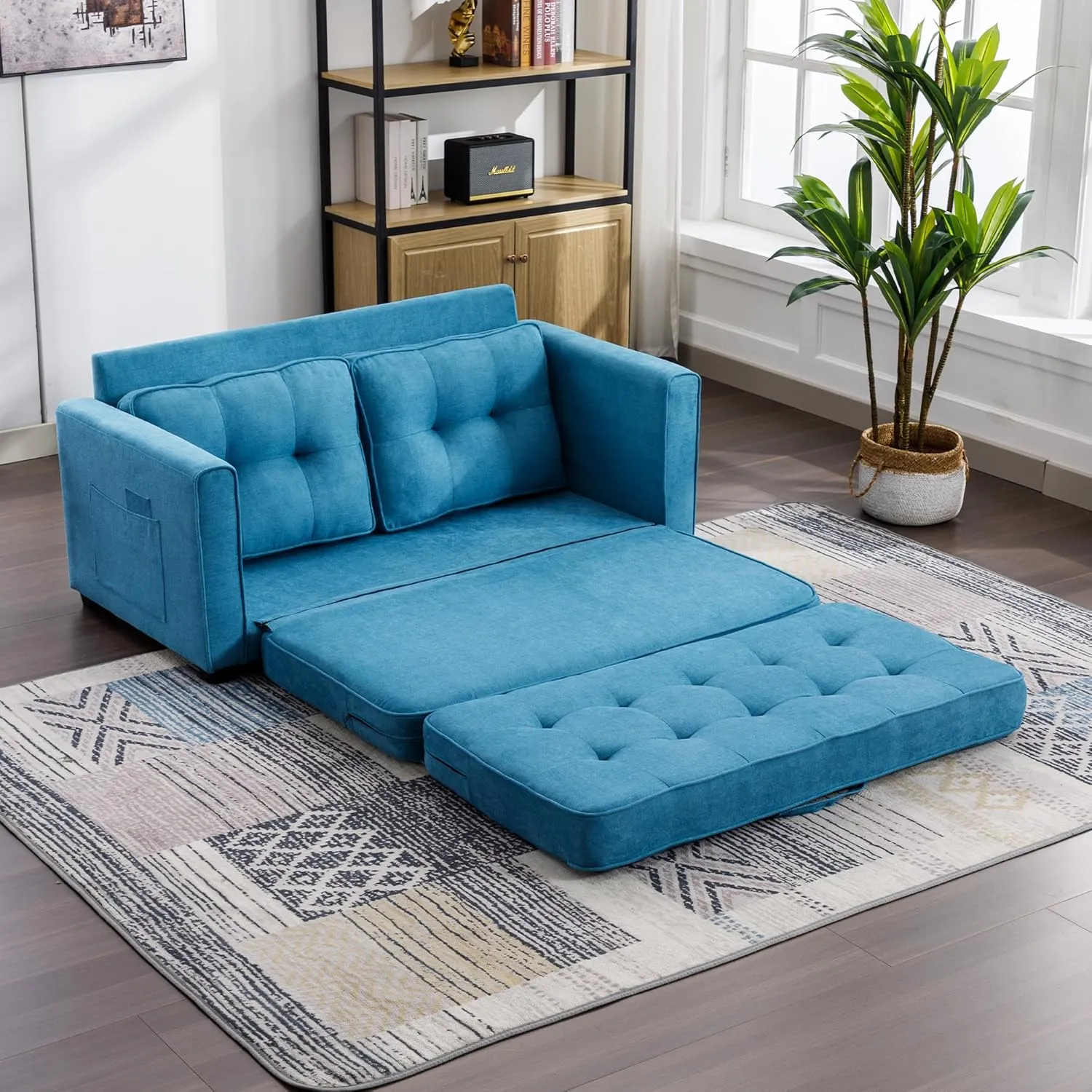 3 Fold Tufted Upholstered Futon Sofa Bed Convertible Floor Sofabed W/Side Pockets, Foldable Loveseat with Pull Out Sleeper Couch Bed for Apartment Office Home Living Room