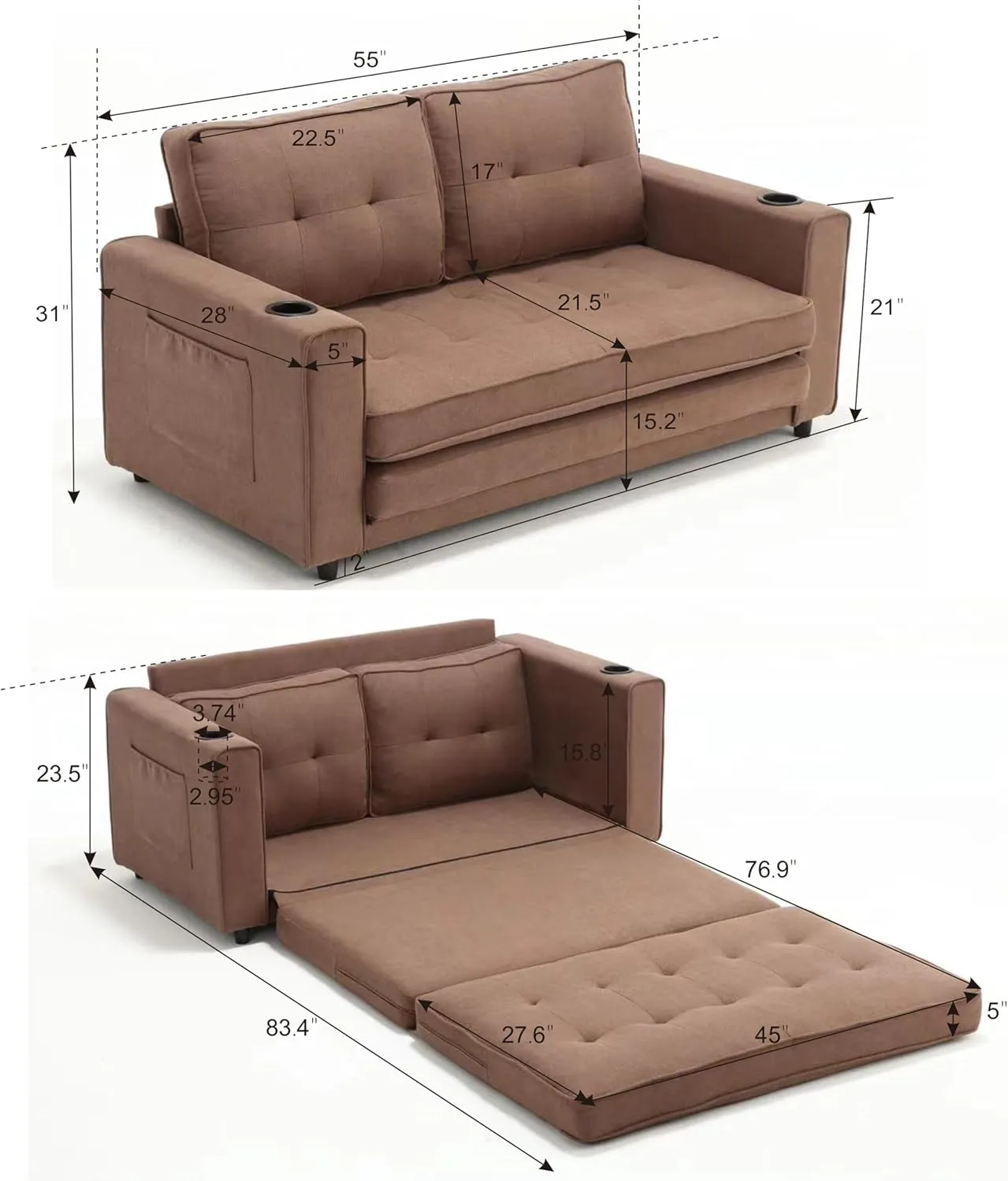 3 Fold Tufted Upholstered Futon Sofa Bed Modern Convertible Foldable Loveseat Floor Sofabed with Pull Out Sleeper Couch Daybed W/Cupholders and Pockets for Living Room