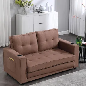 3 Fold Tufted Upholstered Futon Sofa Bed Modern Convertible Foldable Loveseat Floor Sofabed with Pull Out Sleeper Couch Daybed W/Cupholders and Pockets for Living Room