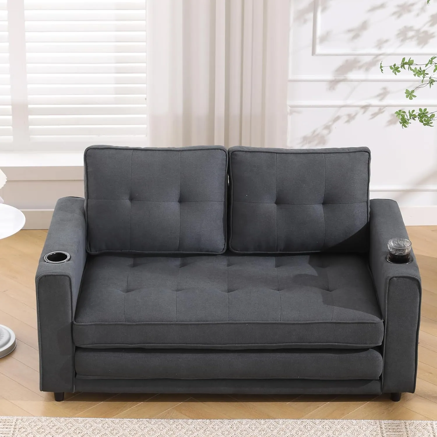 3 Fold Tufted Upholstered Futon Sofa Bed Modern Convertible Foldable Loveseat Floor Sofabed with Pull Out Sleeper Couch Daybed W/Cupholders and Pockets for Living Room