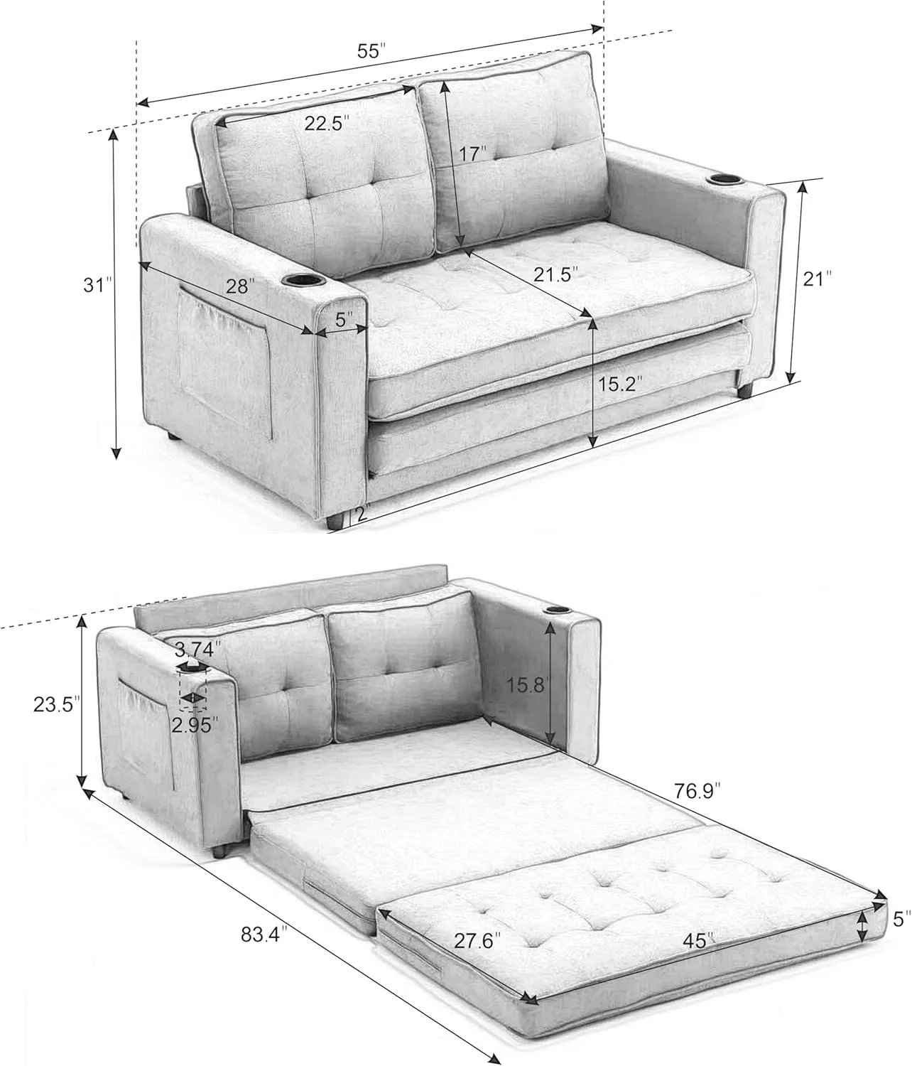 3 Fold Tufted Upholstered Futon Sofa Bed Modern Convertible Foldable Loveseat Floor Sofabed with Pull Out Sleeper Couch Daybed W/Cupholders and Pockets for Living Room